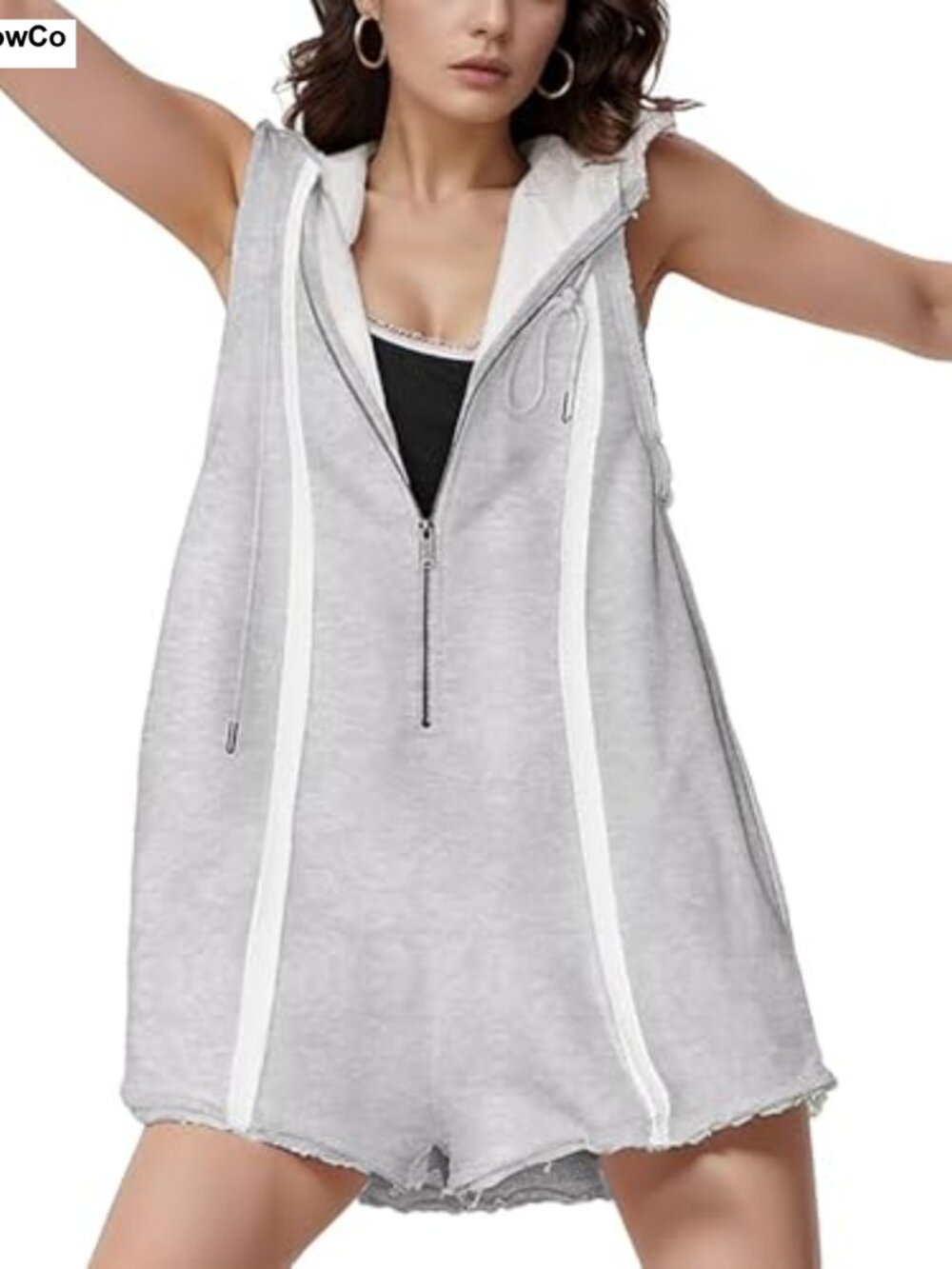 Sleeveless Hooded Zip-Front Romper Jumpsuit Overalls with Pockets - Athletic